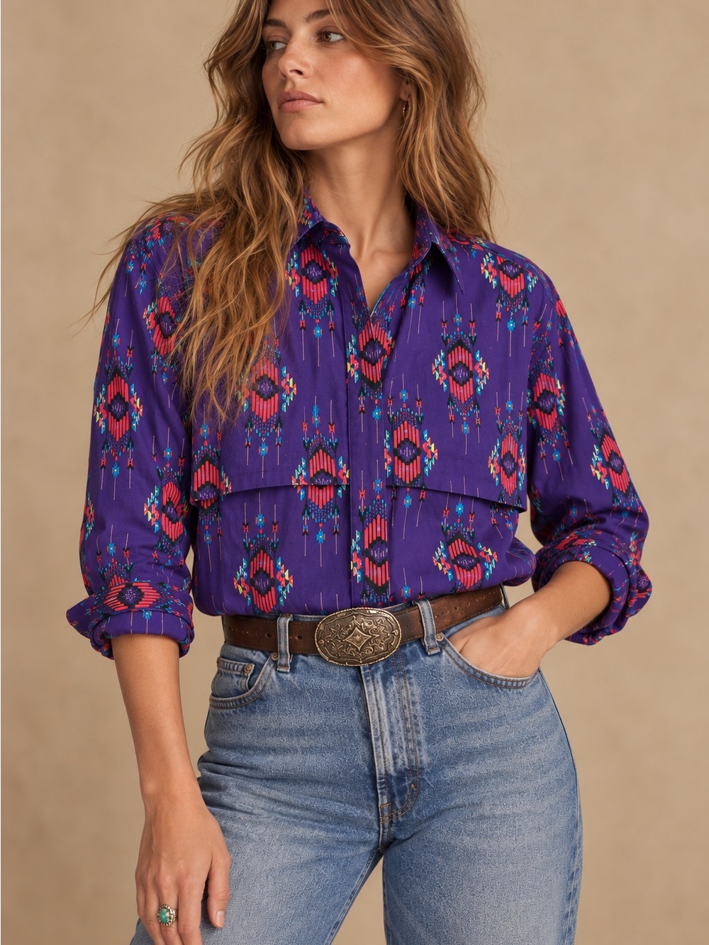 Wrangler Vintage 90s Royal Purple Southwestern Aztec Geometric Print Button Up M